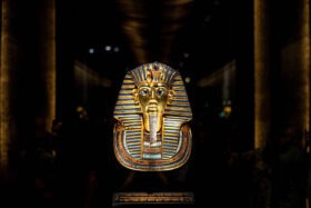 The golden mask of King Tutankhamun displayed in one of the museum's galleries 