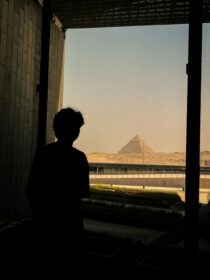 The View of the pyramids seen from the museum windows 