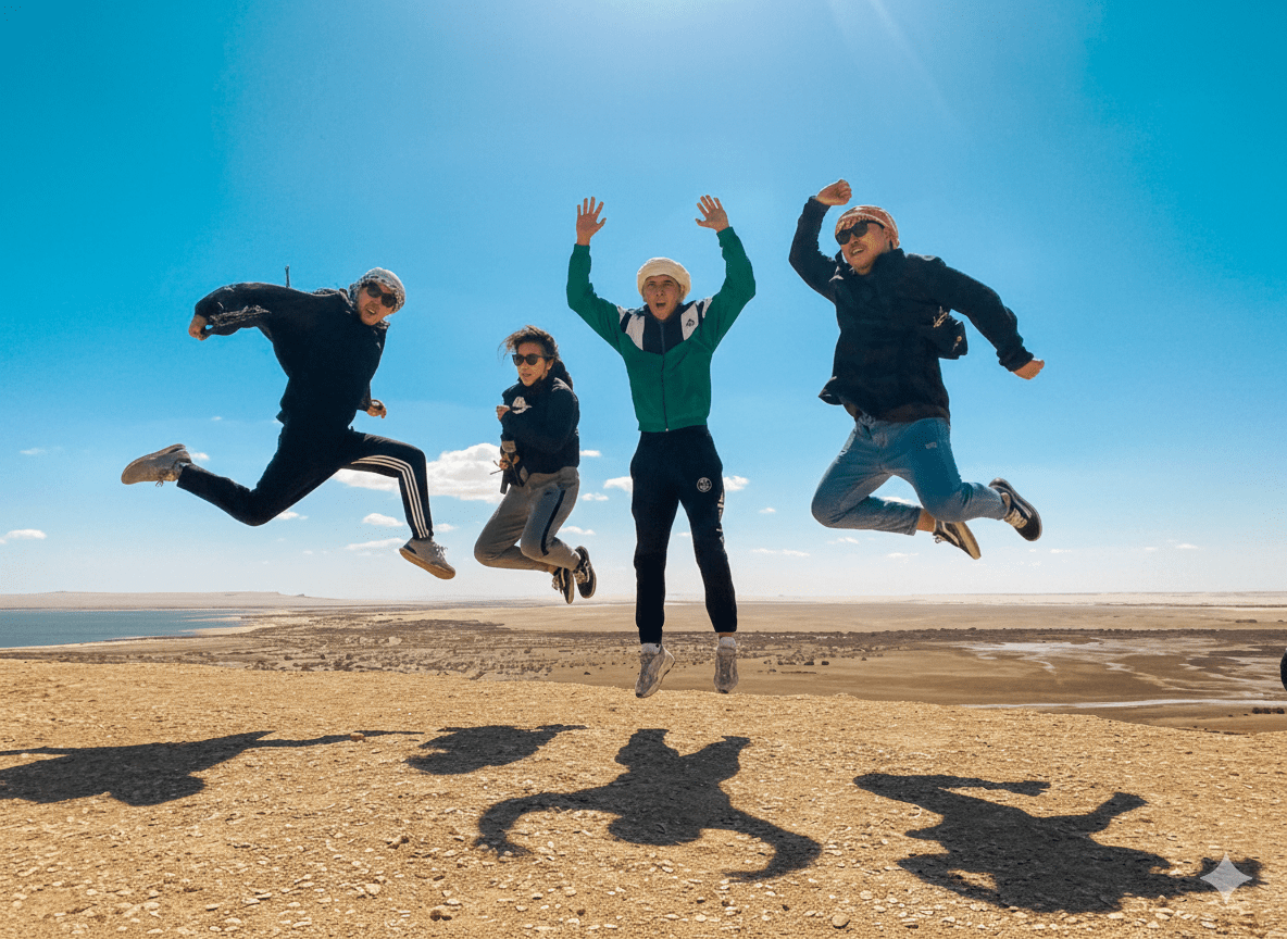Four friends joyfully jumping against a bright blue sky on a desert hilltop, overlooking a vast landscape. Keywords: adventure travel, group tours, holiday vacation, desert landscape, joyful moment, travel photography.