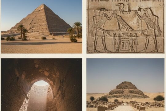 Saqqara necropolis in Egypt featuring the Step Pyramid of Djoser, ancient Egyptian tomb reliefs, underground burial chambers, and early pyramids in the desert near Memphis