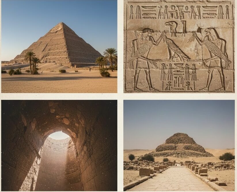 Saqqara necropolis in Egypt featuring the Step Pyramid of Djoser, ancient Egyptian tomb reliefs, underground burial chambers, and early pyramids in the desert near Memphis