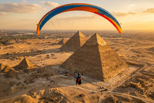 Illustration of a tandem motorized paragliding pyramids experience with the Giza pyramids in the background.